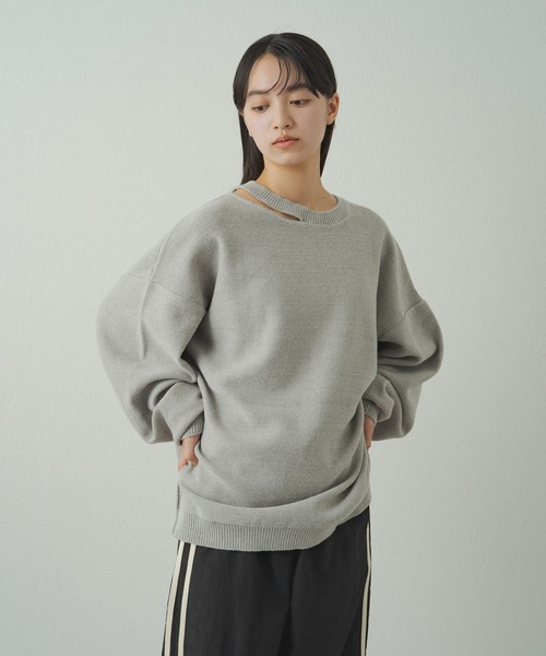 earthy（アーシー）の「デザインネックニット（ニット/セーター・レディース・グレー/オフホワイト/ブラック・FREE）」の7枚目の写真