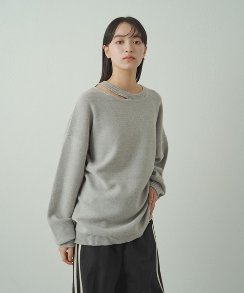 earthy（アーシー）の「デザインネックニット（ニット/セーター・レディース・グレー/オフホワイト/ブラック・FREE）」の8枚目の写真