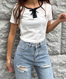 配色パイピングレースアップTシャツ