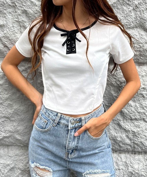 GLAMOROUS JANE(グラマラスジェーン)の「配色パイピングレースアップTシャツ(Tシャツ/カットソー・レディース・ブラック/ホワイト/アイボリー・FREE)」の18枚目の写真