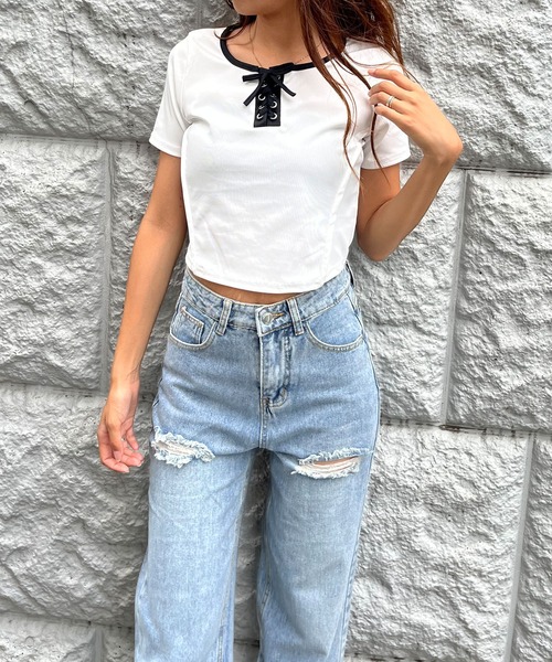 GLAMOROUS JANE(グラマラスジェーン)の「配色パイピングレースアップTシャツ(Tシャツ/カットソー・レディース・ブラック/ホワイト/アイボリー・FREE)」の14枚目の写真