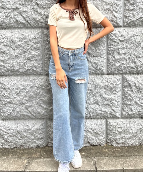 GLAMOROUS JANE(グラマラスジェーン)の「配色パイピングレースアップTシャツ(Tシャツ/カットソー・レディース・ブラック/ホワイト/アイボリー・FREE)」の19枚目の写真