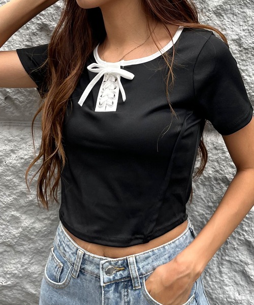 GLAMOROUS JANE(グラマラスジェーン)の「配色パイピングレースアップTシャツ(Tシャツ/カットソー・レディース・ブラック/ホワイト/アイボリー・FREE)」の15枚目の写真