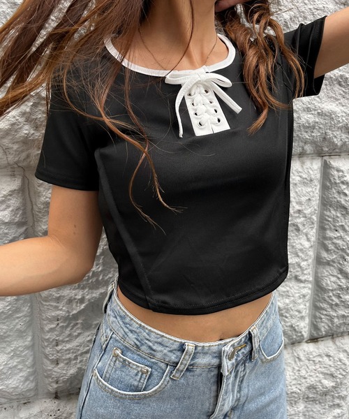 GLAMOROUS JANE(グラマラスジェーン)の「配色パイピングレースアップTシャツ(Tシャツ/カットソー・レディース・ブラック/ホワイト/アイボリー・FREE)」の20枚目の写真