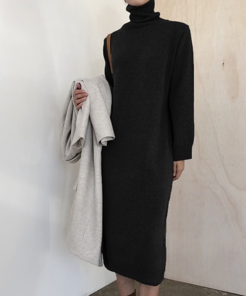 Miniministore(ミニミニストア)の「タートルネックニットワンピース 韓国風(ワンピース・レディース・ライトグレー/ベージュ/ブラック/ライトブルー/モカ・フリー)」の9枚目の写真