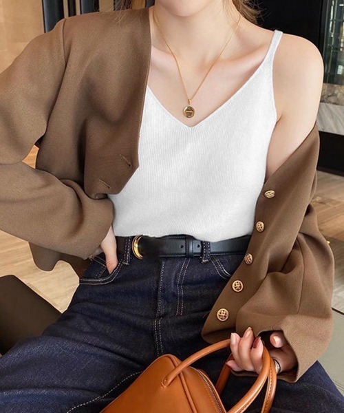 Miniministore(ミニミニストア)の「フロントVカット リブニットキャミソール(キャミソール・レディース・ライトグレー/ブラック/ダークベージュ/モカ/ライトベージュ/オリーブ/ダークグリーン/ホワイト・FREE)」の2枚目の写真