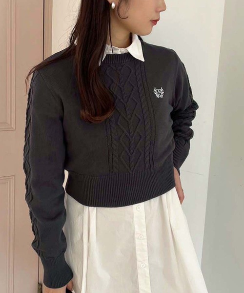one after another NICE CLAUP(ワンアフターアナザーナイスクラップ)の「ワンポイント刺繍ケーブルニット(ニット/セーター・レディース・チャコールグレー/イエロー/オフホワイト/グレー・FREE)」の1枚目の写真
