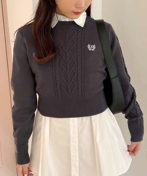 one after another NICE CLAUP(ワンアフターアナザーナイスクラップ)の「ワンポイント刺繍ケーブルニット(ニット/セーター・レディース・チャコールグレー/イエロー/オフホワイト/グレー・FREE)」の18枚目の写真