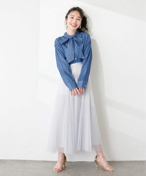 natural couture（ナチュラルクチュール）の「やわらかデニムライクボウタイシャツ（シャツ/ブラウス・レディース・オフホワイト/ブルー/ブラック・FREE）」の14枚目の写真