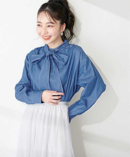 natural couture（ナチュラルクチュール）の「やわらかデニムライクボウタイシャツ（シャツ/ブラウス・レディース・オフホワイト/ブルー/ブラック・FREE）」の13枚目の写真