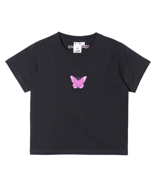 X-girl（エックスガール）の「EMBROIDERED BUTTERFLY LOGO S/S BABY TEE（Tシャツ/カットソー・レディース・ブラック/ホワイト/ピンク・S/M）」の3枚目の写真