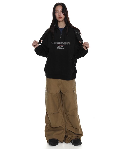 ドロップショルダー ハーフZIP 色落ち加工 スウェット