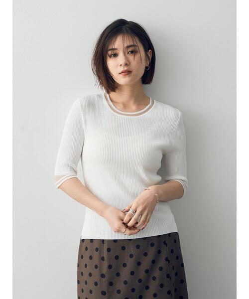 YECCA VECCA（イェッカヴェッカ）の「シアーMIX　5分袖ニット（ニット/セーター・レディース・ライトベージュ/ブラック/オフホワイト・FREE）」の4枚目の写真