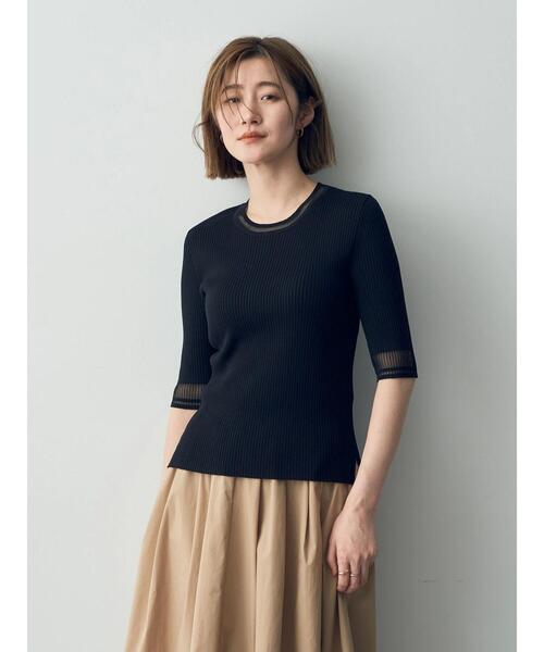 YECCA VECCA（イェッカヴェッカ）の「シアーMIX　5分袖ニット（ニット/セーター・レディース・ライトベージュ/ブラック/オフホワイト・FREE）」の5枚目の写真