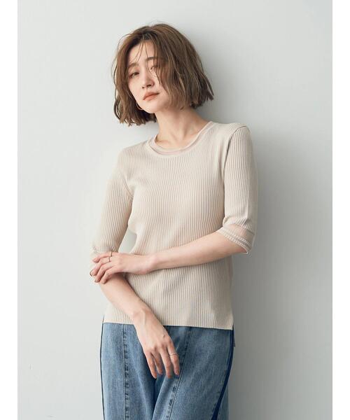 YECCA VECCA（イェッカヴェッカ）の「シアーMIX　5分袖ニット（ニット/セーター・レディース・ライトベージュ/ブラック/オフホワイト・FREE）」の6枚目の写真