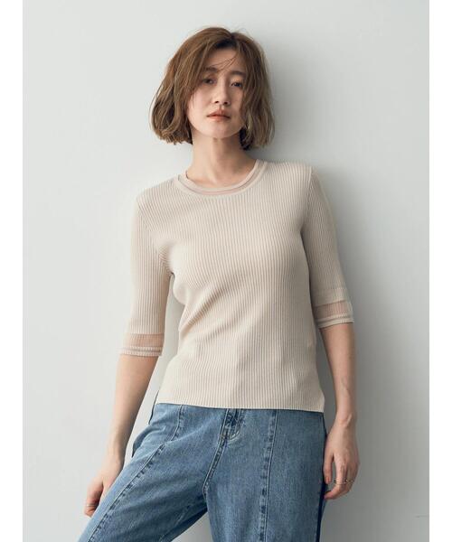 YECCA VECCA（イェッカヴェッカ）の「シアーMIX　5分袖ニット（ニット/セーター・レディース・ライトベージュ/ブラック/オフホワイト・FREE）」の7枚目の写真