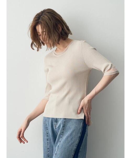 YECCA VECCA（イェッカヴェッカ）の「シアーMIX　5分袖ニット（ニット/セーター・レディース・ライトベージュ/ブラック/オフホワイト・FREE）」の8枚目の写真