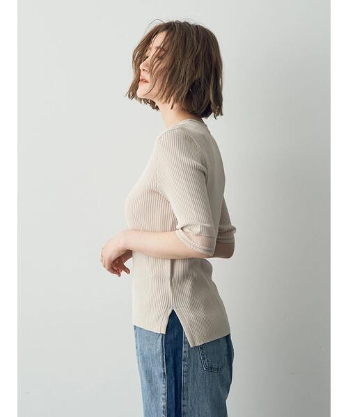 YECCA VECCA（イェッカヴェッカ）の「シアーMIX　5分袖ニット（ニット/セーター・レディース・ライトベージュ/ブラック/オフホワイト・FREE）」の9枚目の写真
