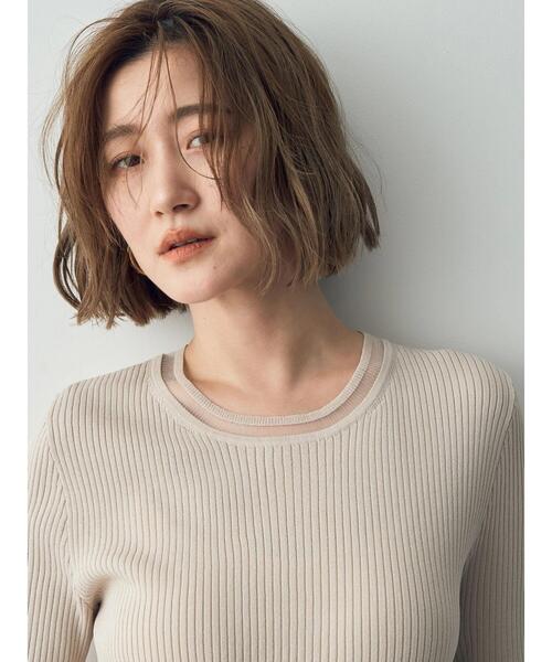 YECCA VECCA（イェッカヴェッカ）の「シアーMIX　5分袖ニット（ニット/セーター・レディース・ライトベージュ/ブラック/オフホワイト・FREE）」の11枚目の写真