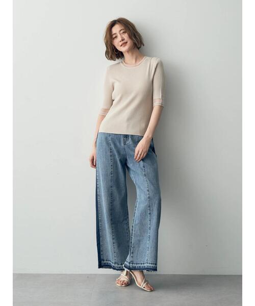 YECCA VECCA（イェッカヴェッカ）の「シアーMIX　5分袖ニット（ニット/セーター・レディース・ライトベージュ/ブラック/オフホワイト・FREE）」の15枚目の写真