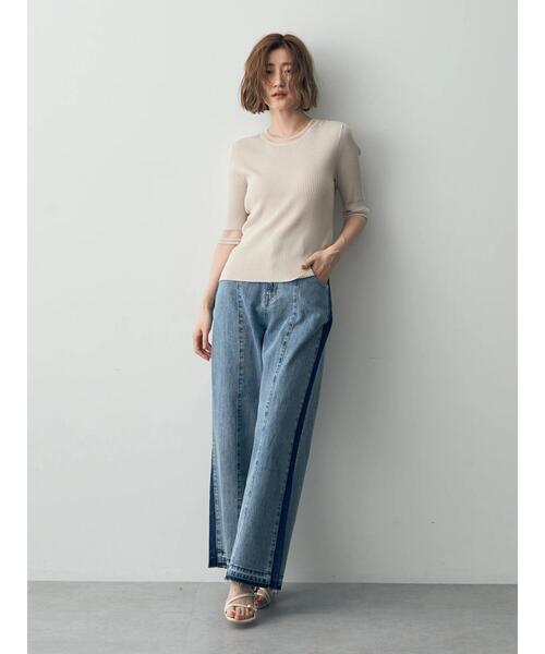 YECCA VECCA（イェッカヴェッカ）の「シアーMIX　5分袖ニット（ニット/セーター・レディース・ライトベージュ/ブラック/オフホワイト・FREE）」の16枚目の写真