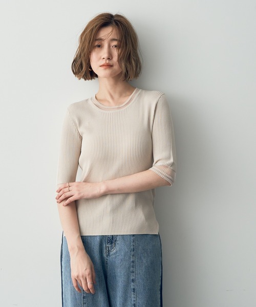 YECCA VECCA（イェッカヴェッカ）の「シアーMIX　5分袖ニット（ニット/セーター・レディース・ライトベージュ/ブラック/オフホワイト・FREE）」の3枚目の写真