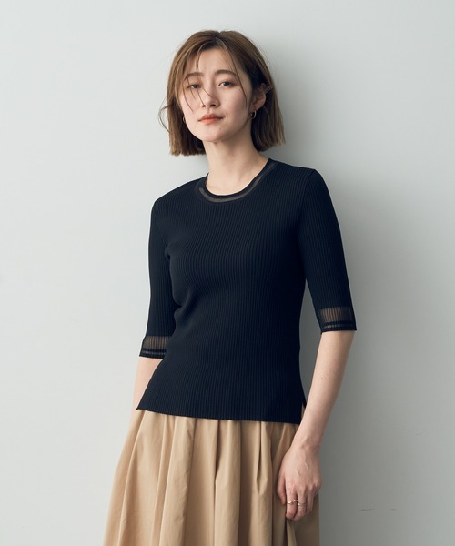 YECCA VECCA（イェッカヴェッカ）の「シアーMIX　5分袖ニット（ニット/セーター・レディース・ライトベージュ/ブラック/オフホワイト・FREE）」の2枚目の写真