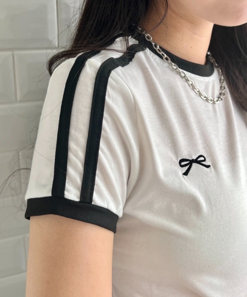 SOLLON.(ソルロン)の「リボン刺繍ラインミニTシャツ(Tシャツ/カットソー・レディース・ホワイト・FREE)」の6枚目の写真