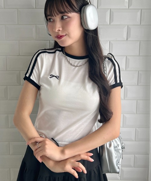 SOLLON.(ソルロン)の「リボン刺繍ラインミニTシャツ(Tシャツ/カットソー・レディース・ホワイト・FREE)」の7枚目の写真