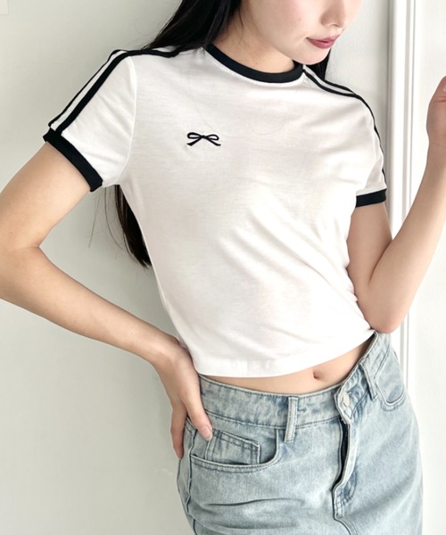 SOLLON.(ソルロン)の「リボン刺繍ラインミニTシャツ(Tシャツ/カットソー・レディース・ホワイト・FREE)」の11枚目の写真