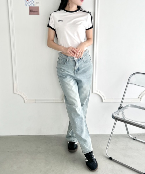 セール】リボン刺繍ラインミニTシャツ（Tシャツ/カットソー