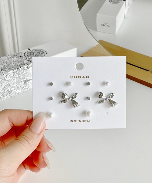 【れお】リボンボンネ、ピアスセット セール】【5set】リボンモチーフピアスセット-ribbon motif pierce set