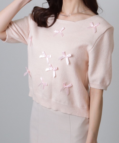 Lace Ladies(レースレディース)の「メニーリボン コンパクト 半袖 ニット プルオーバー(ニット/セーター・レディース・アイボリー/ブルー/グレー/ピンク・FREE)」の4枚目の写真