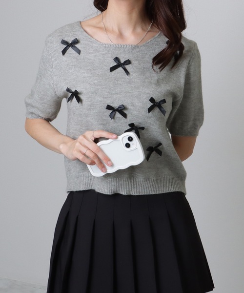 Lace Ladies(レースレディース)の「メニーリボン コンパクト 半袖 ニット プルオーバー(ニット/セーター・レディース・アイボリー/ブルー/グレー/ピンク・FREE)」の6枚目の写真