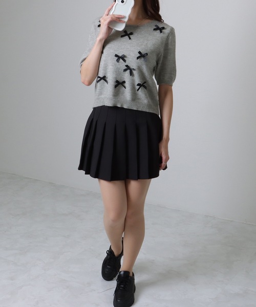 Lace Ladies(レースレディース)の「メニーリボン コンパクト 半袖 ニット プルオーバー(ニット/セーター・レディース・アイボリー/ブルー/グレー/ピンク・FREE)」の7枚目の写真