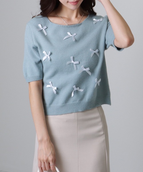 Lace Ladies(レースレディース)の「メニーリボン コンパクト 半袖 ニット プルオーバー(ニット/セーター・レディース・アイボリー/ブルー/グレー/ピンク・FREE)」の11枚目の写真