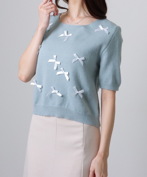 Lace Ladies(レースレディース)の「メニーリボン コンパクト 半袖 ニット プルオーバー(ニット/セーター・レディース・アイボリー/ブルー/グレー/ピンク・FREE)」の12枚目の写真