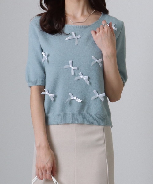 Lace Ladies(レースレディース)の「メニーリボン コンパクト 半袖 ニット プルオーバー(ニット/セーター・レディース・アイボリー/ブルー/グレー/ピンク・FREE)」の14枚目の写真