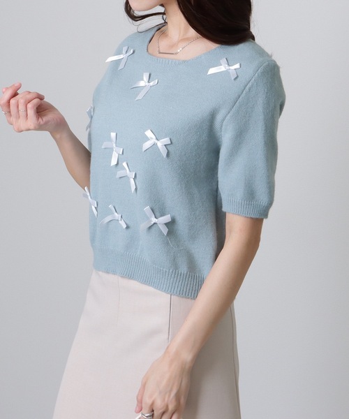 Lace Ladies(レースレディース)の「メニーリボン コンパクト 半袖 ニット プルオーバー(ニット/セーター・レディース・アイボリー/ブルー/グレー/ピンク・FREE)」の15枚目の写真