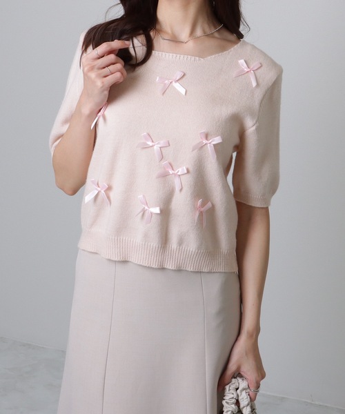 Lace Ladies(レースレディース)の「メニーリボン コンパクト 半袖 ニット プルオーバー(ニット/セーター・レディース・アイボリー/ブルー/グレー/ピンク・FREE)」の16枚目の写真