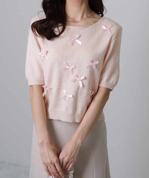 Lace Ladies(レースレディース)の「メニーリボン コンパクト 半袖 ニット プルオーバー(ニット/セーター・レディース・アイボリー/ブルー/グレー/ピンク・FREE)」の17枚目の写真