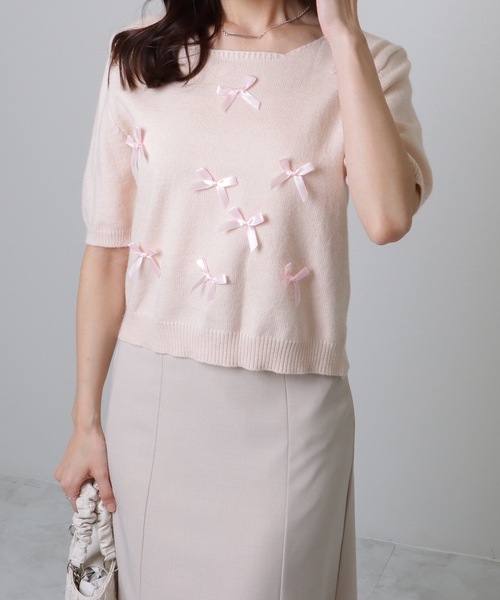 Lace Ladies(レースレディース)の「メニーリボン コンパクト 半袖 ニット プルオーバー(ニット/セーター・レディース・アイボリー/ブルー/グレー/ピンク・FREE)」の19枚目の写真