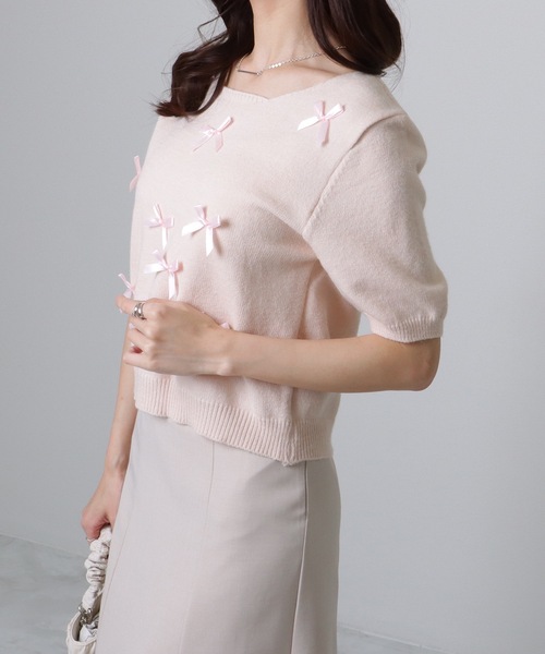 Lace Ladies(レースレディース)の「メニーリボン コンパクト 半袖 ニット プルオーバー(ニット/セーター・レディース・アイボリー/ブルー/グレー/ピンク・FREE)」の20枚目の写真