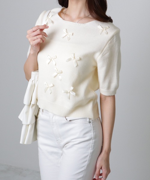 Lace Ladies(レースレディース)の「メニーリボン コンパクト 半袖 ニット プルオーバー(ニット/セーター・レディース・アイボリー/ブルー/グレー/ピンク・FREE)」の21枚目の写真