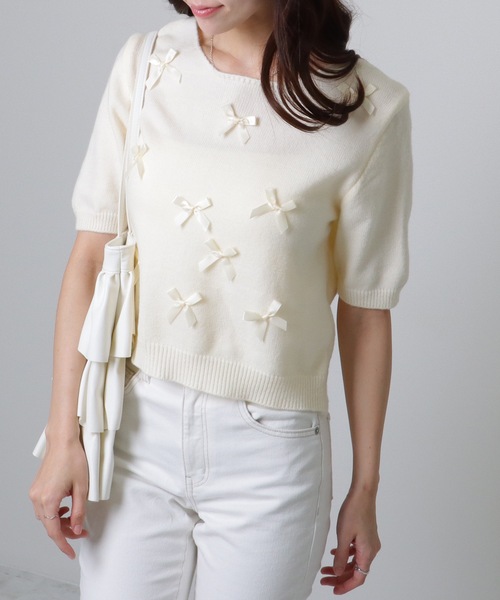 Lace Ladies(レースレディース)の「メニーリボン コンパクト 半袖 ニット プルオーバー(ニット/セーター・レディース・アイボリー/ブルー/グレー/ピンク・FREE)」の22枚目の写真