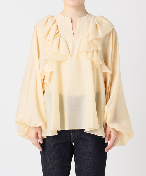 journal standard L'essage（ジャーナルスタンダードレサージュ）の「シアータンブラーフリルブラウス（シャツ/ブラウス・レディース・ブラック/ベージュ系その他・FREE）」の4枚目の写真