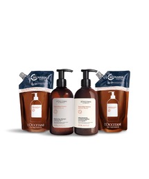 L'OCCITANE（ロクシタン）の「インテンシヴリペア バリュアブル シャンプー&コンディショナー 本体、詰め替え（レフィル）各1本ずつ入った4点セット 巾着バッグ付き（ヘアケアキット/ギフトセット・キッズ）」