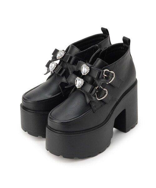 セール】ビジューハート付ダブルリボン厚底ショートブーツ（ブーツ