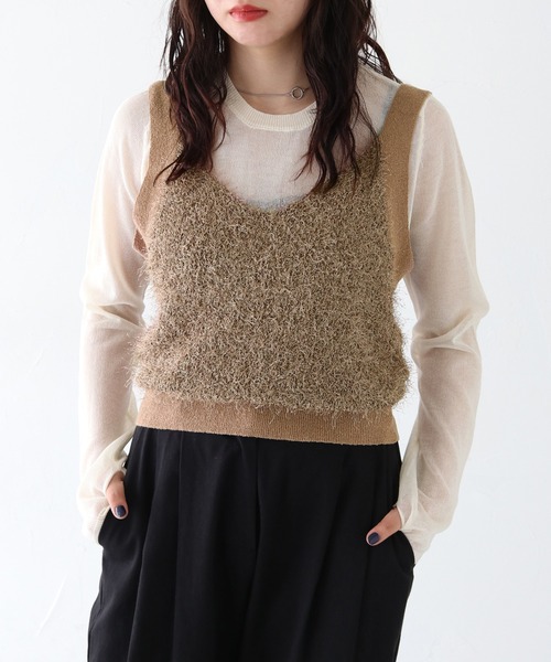 HER CLOSET（ハークローゼット）の「【vingtrois】フリンジニットビスチェ（ベスト・レディース・ブラウン/ブラック/アイボリー・M）」の2枚目の写真