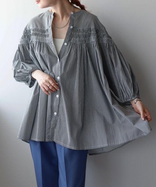 セール】ピンタックフレアインド綿ストライプブラウス(インド綿.インド